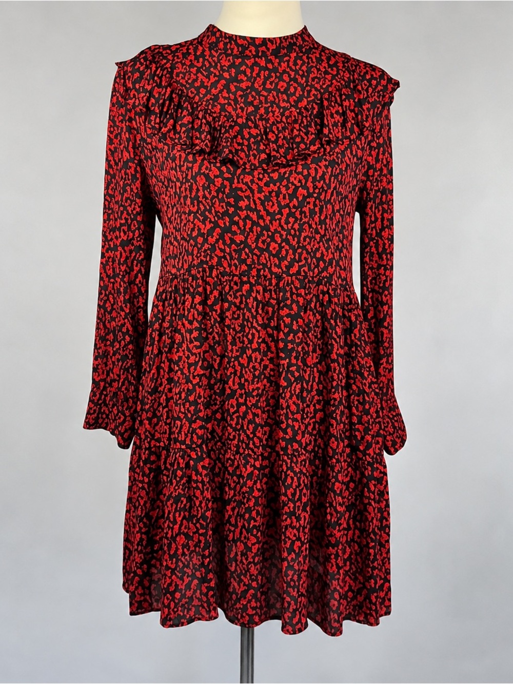 Zara Red Black Animal Print Ruffle Mini Dress XS